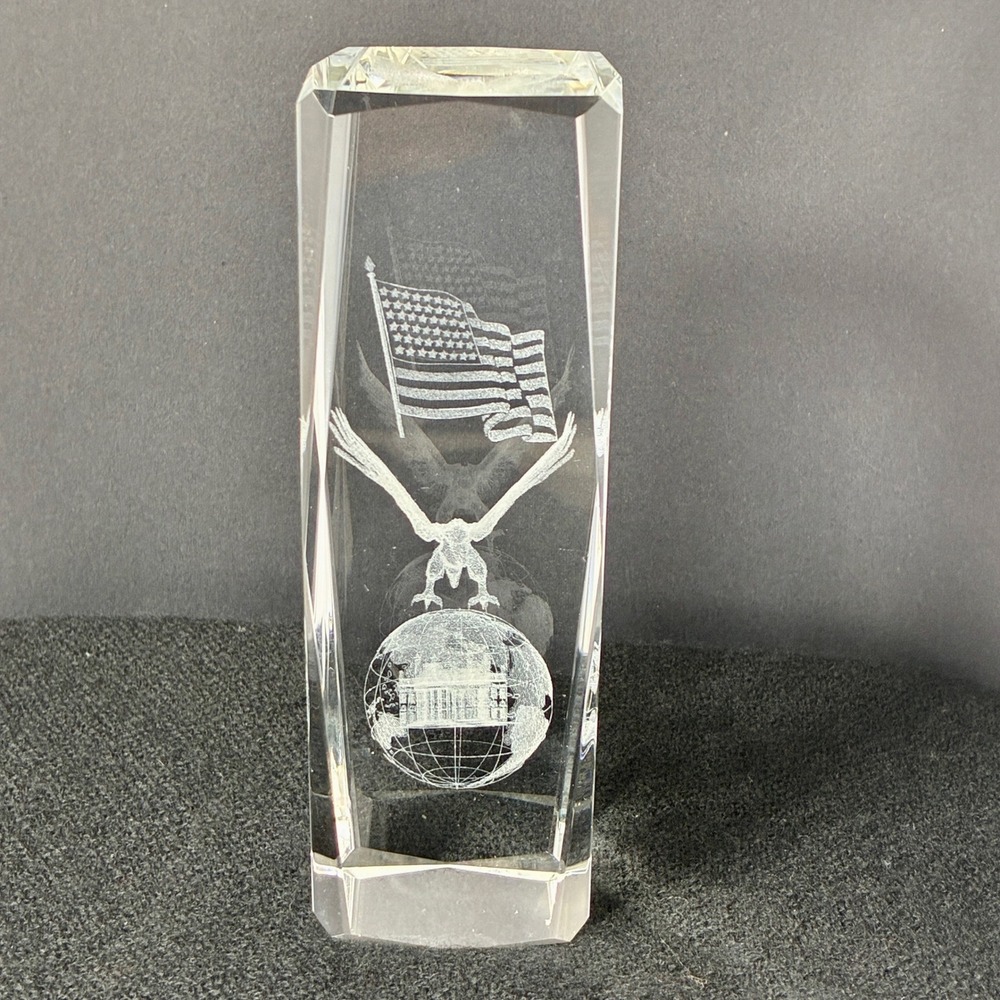 VTG 3D Laser Etched Crystal Glass Paperweight American Flag Eagle Patriotic
